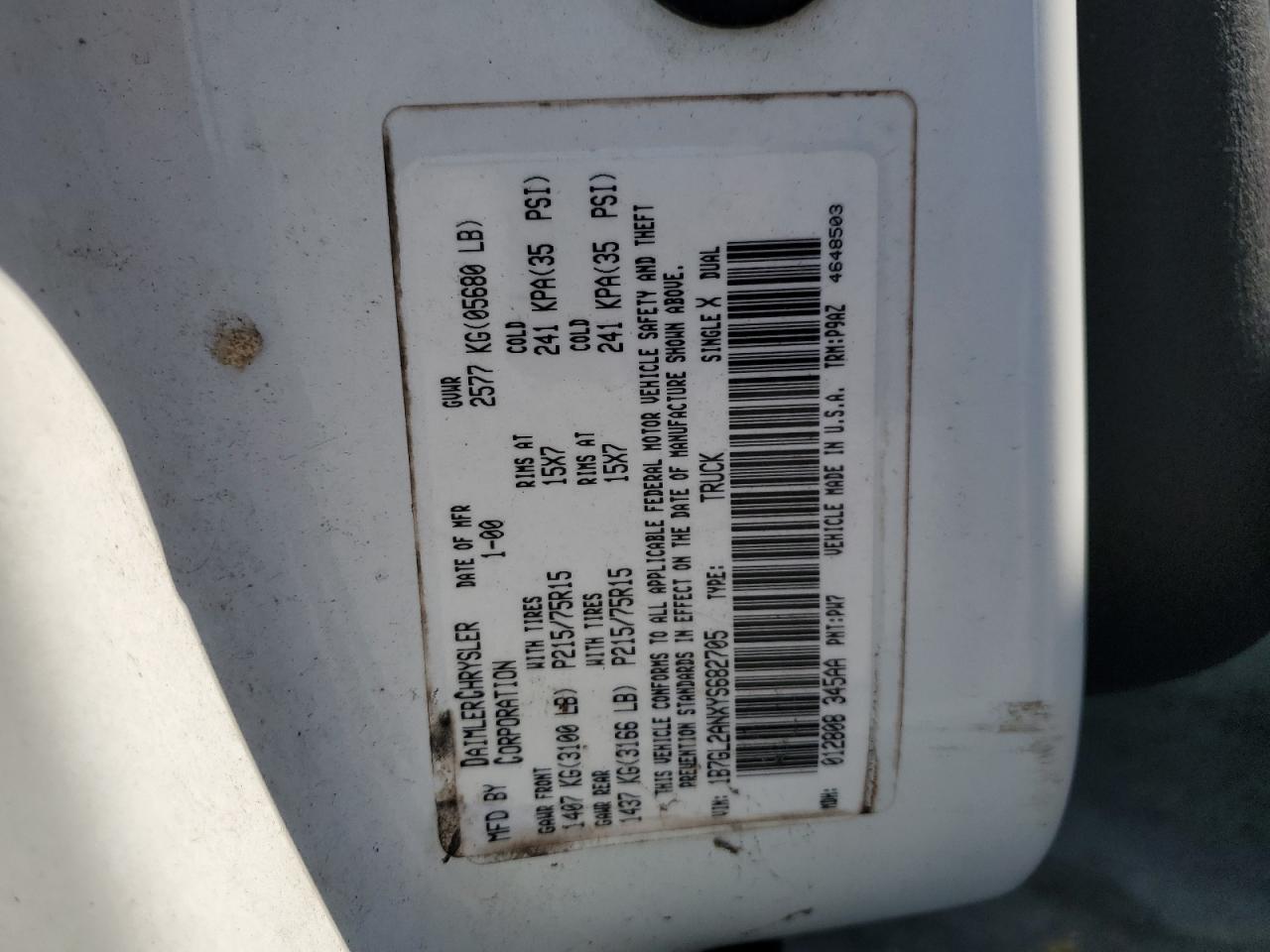 2000 Dodge Dakota Quad VIN: 1B7GL2ANXYS682705 Lot: 80327865