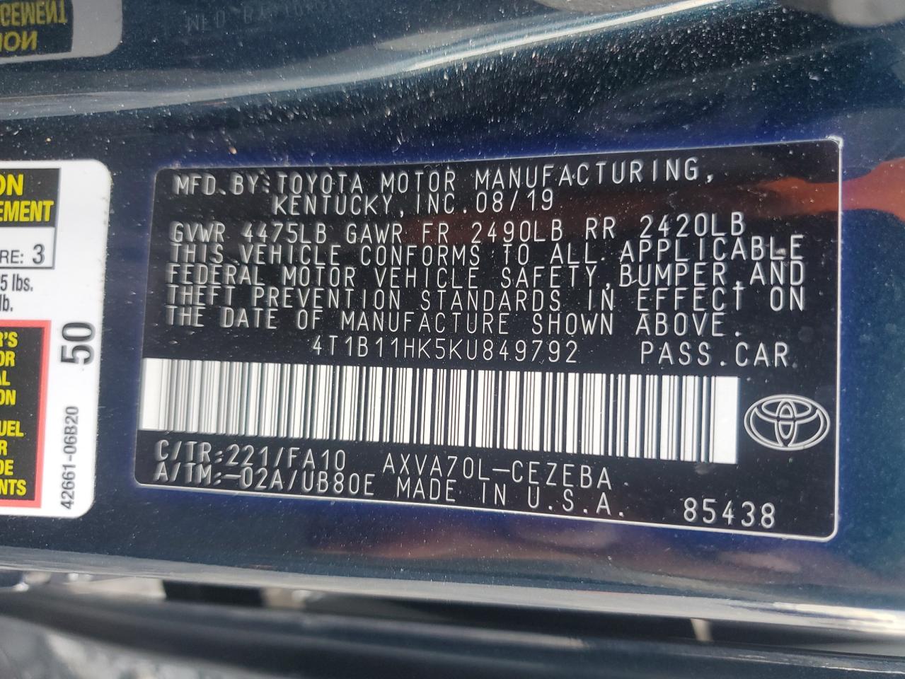 2019 Toyota Camry L VIN: 4T1B11HK5KU849792 Lot: 81940885