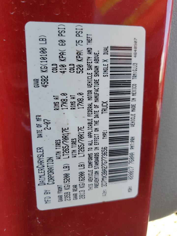 2007 Dodge Ram 3500 St VIN: 3D7MX38A27G773656 Lot: 81694235