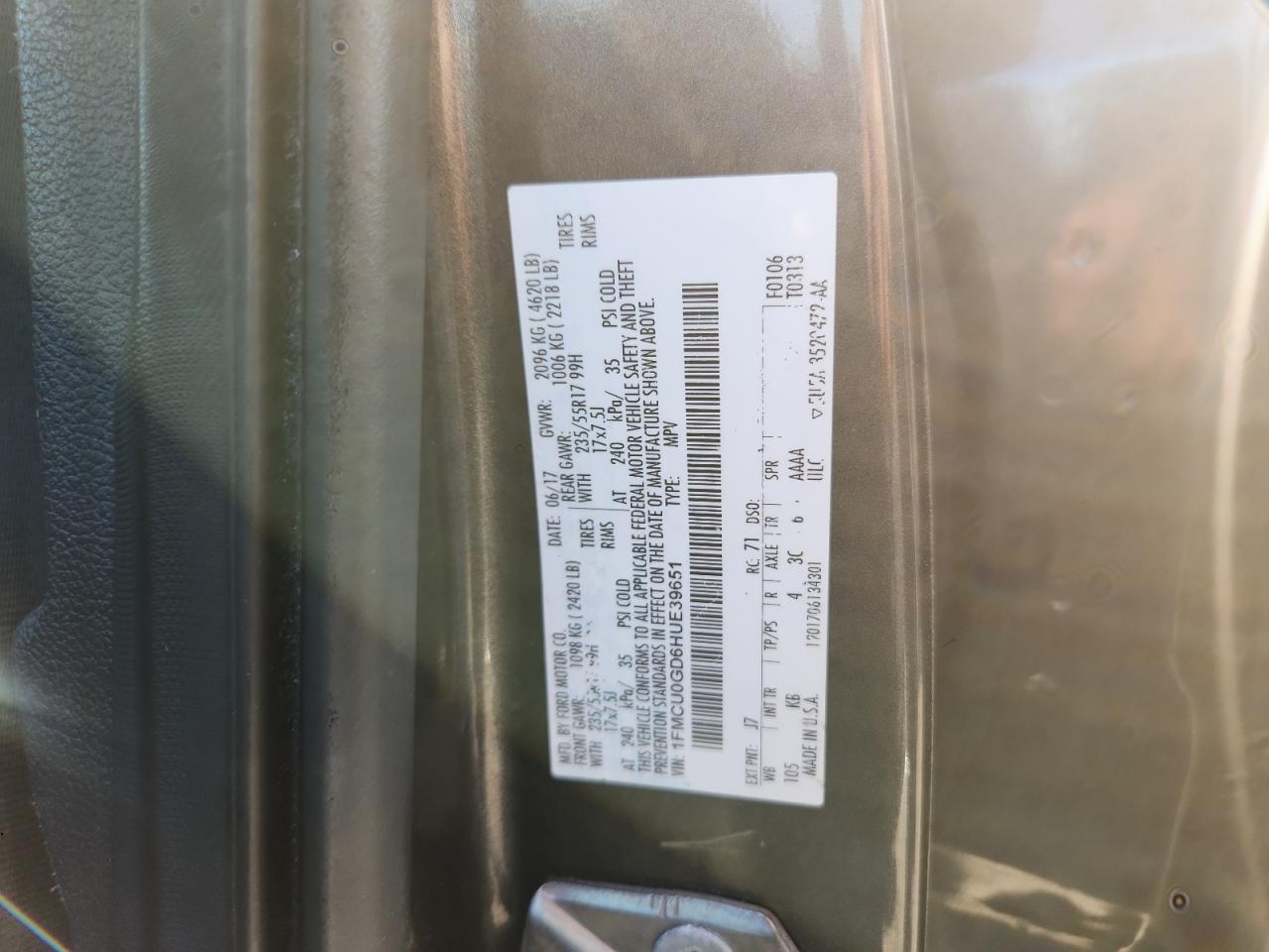 2017 Ford Escape Se VIN: 1FMCU0GD6HUE39651 Lot: 80450085