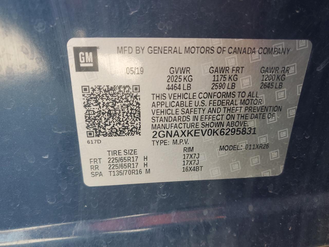 2019 Chevrolet Equinox Lt VIN: 2GNAXKEV0K6295831 Lot: 80578455