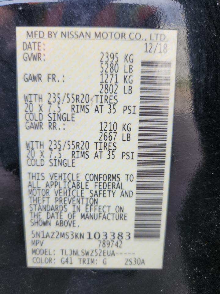 2019 Nissan Murano S VIN: 5N1AZ2MS3KN103383 Lot: 80698155