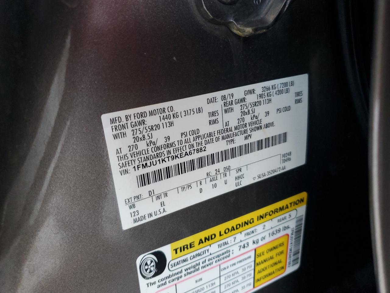 2019 Ford Expedition Limited VIN: 1FMJU1KT9KEA67882 Lot: 71905535