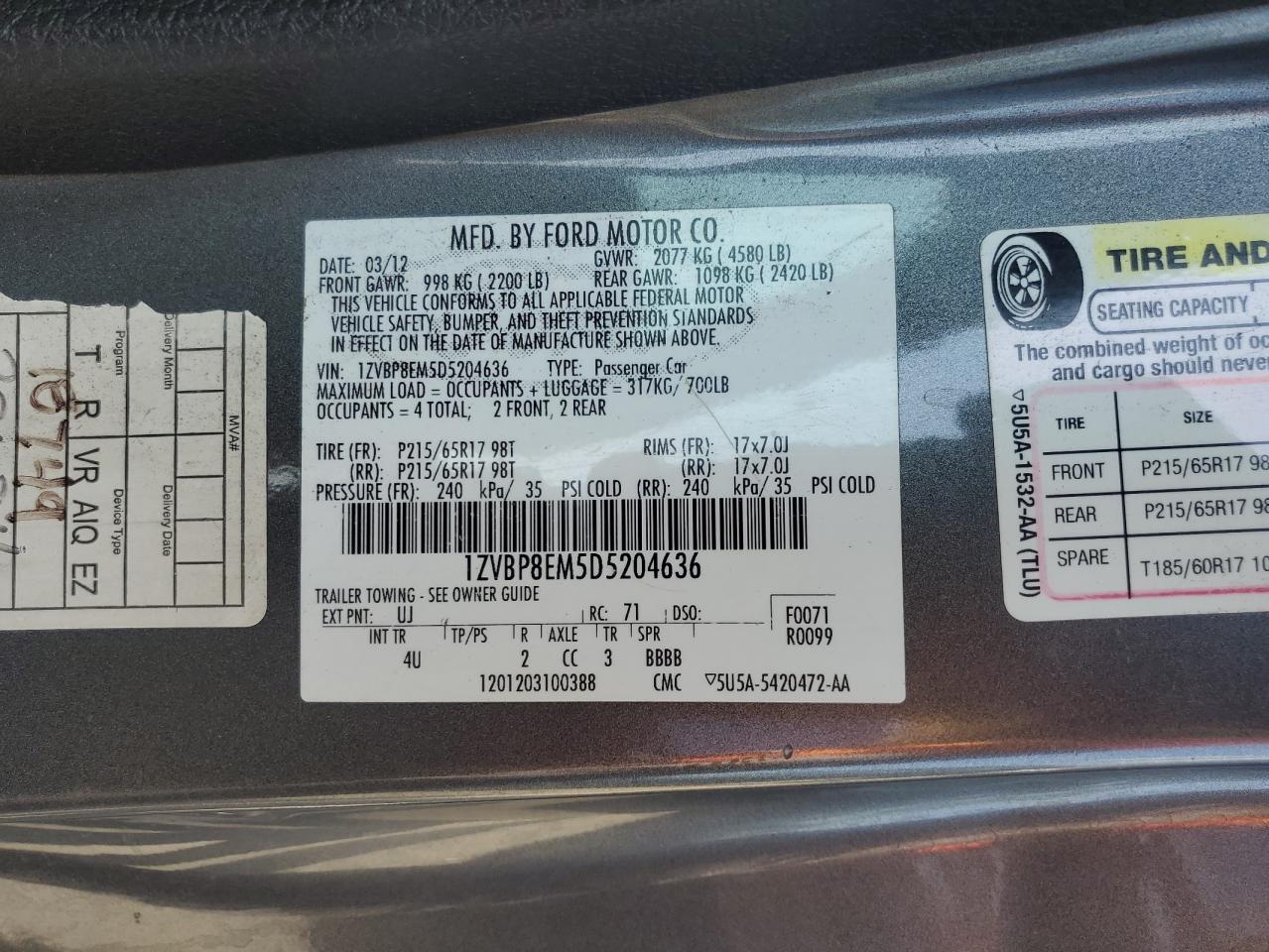 2013 Ford Mustang VIN: 1ZVBP8EM5D5204636 Lot: 80157315