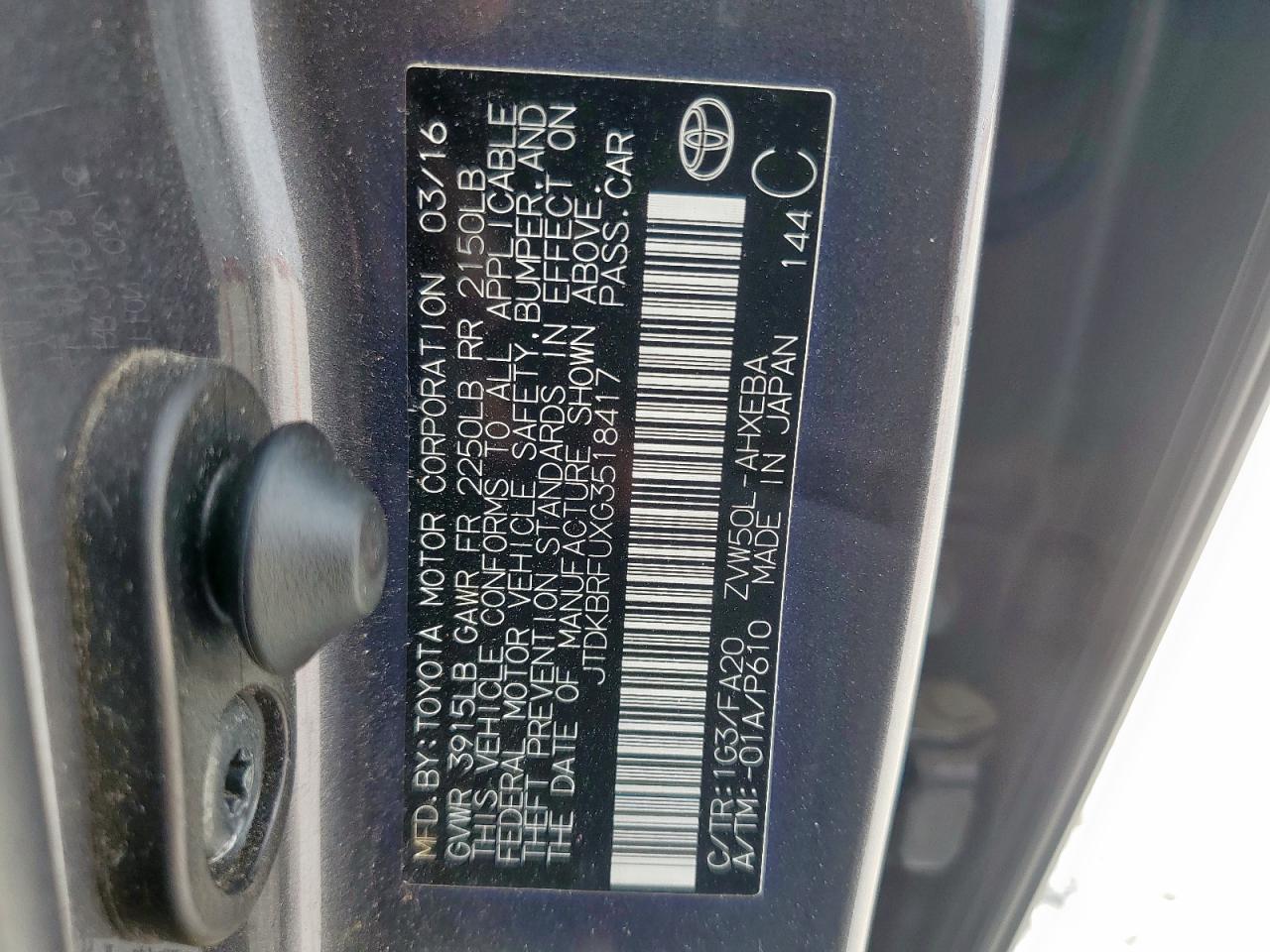 2016 Toyota Prius VIN: JTDKBRFUXG3518417 Lot: 80652915