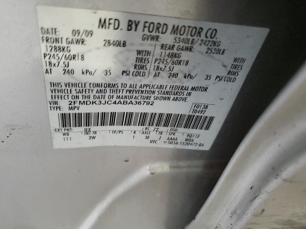 2010 Ford Edge Sel VIN: 2FMDK3JC4ABA36792 Lot: 82155705