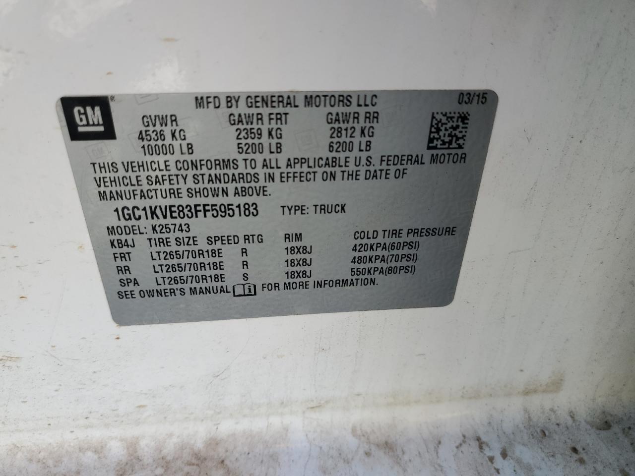2015 Chevrolet Silverado K2500 Heavy Duty Lt VIN: 1GC1KVE83FF595183 Lot: 80127875