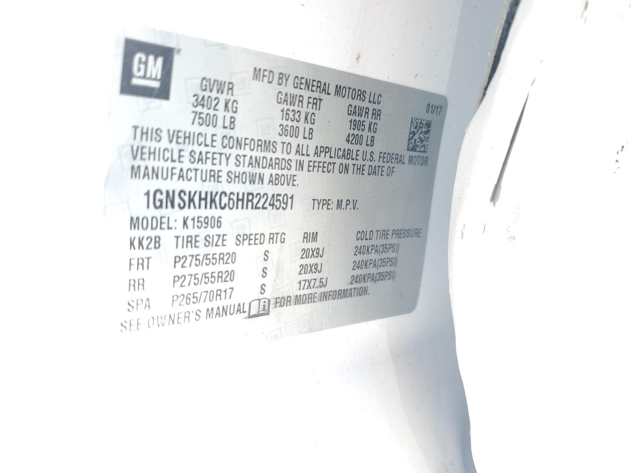 2017 Chevrolet Suburban K1500 Lt VIN: 1GNSKHKC6HR224591 Lot: 81388365
