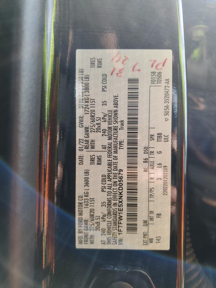 2022 Ford F150 Supercrew VIN: 1FTFW1E5XNKD05679 Lot: 71860885