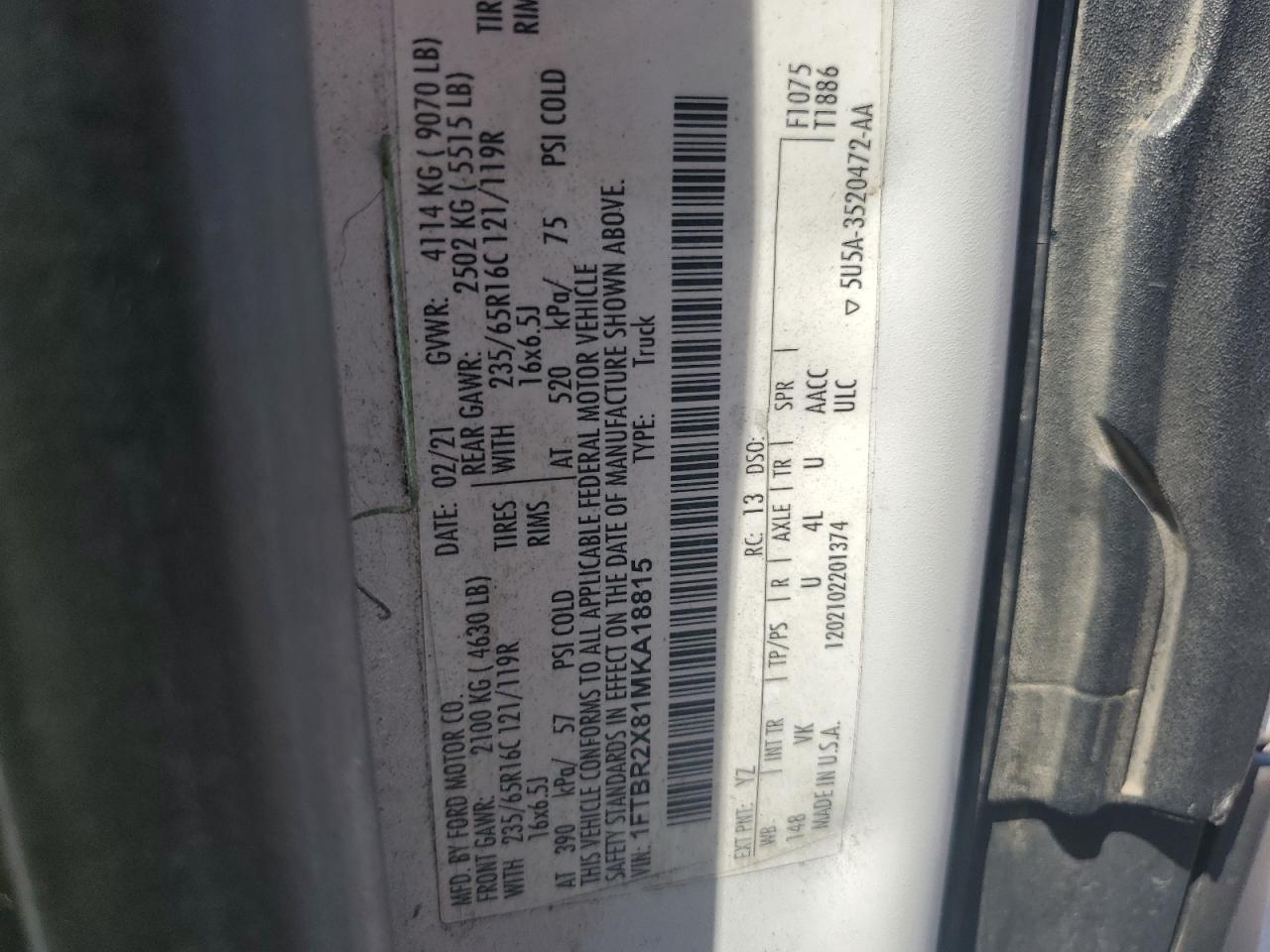 2021 Ford Transit T-250 VIN: 1FTBR2X81MKA18815 Lot: 86586715