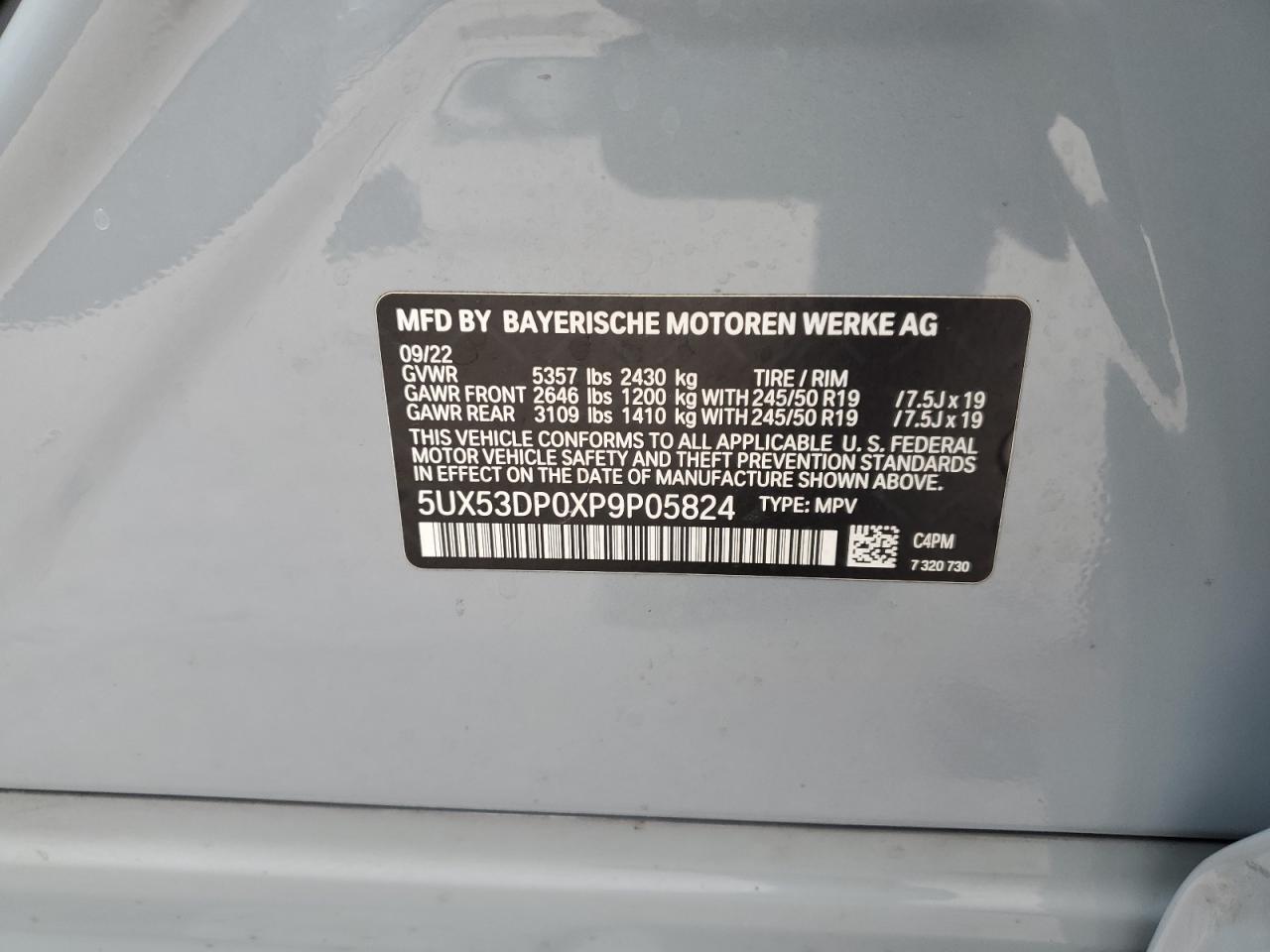 2023 BMW X3 xDrive30I VIN: 5UX53DP0XP9P05824 Lot: 81712185