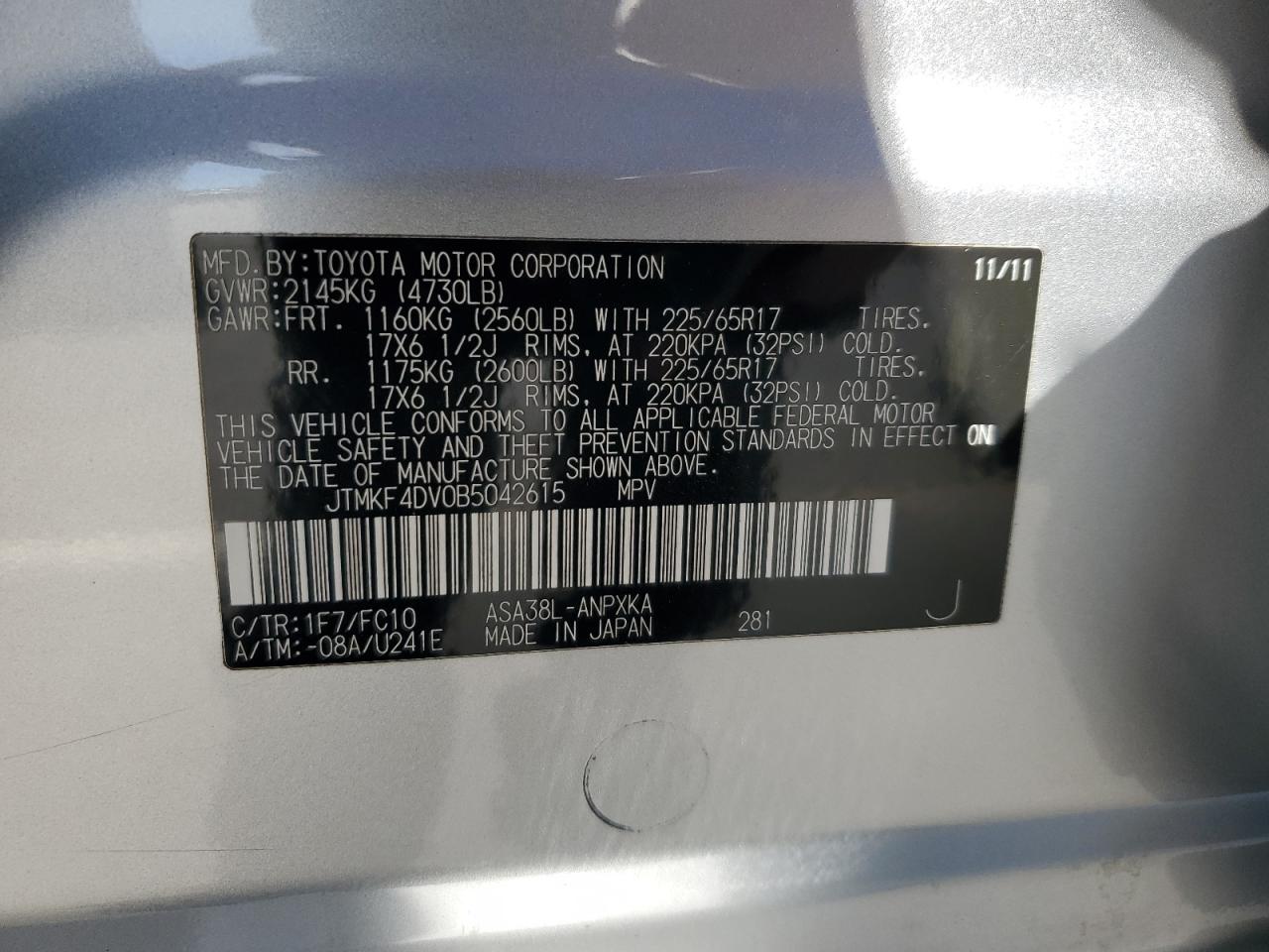 2011 Toyota Rav4 VIN: JTMKF4DV0B5042615 Lot: 81874345