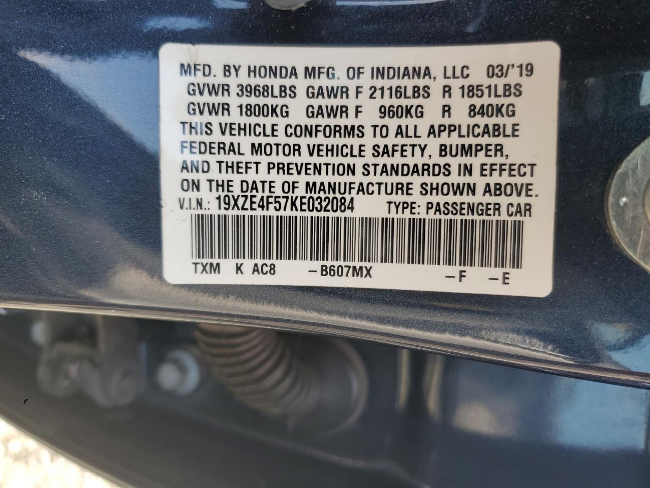 2019 Honda Insight Ex VIN: 19XZE4F57KE032084 Lot: 71536535