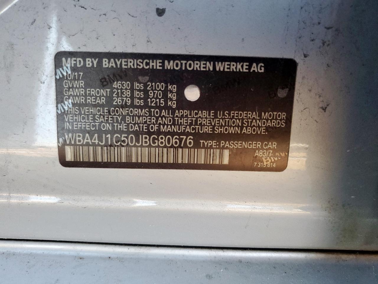 2018 BMW 430I Gran Coupe VIN: WBA4J1C50JBG80676 Lot: 83988675