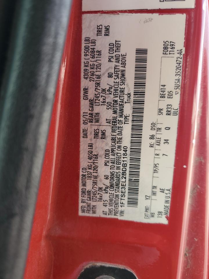 2011 Ford Econoline E350 Super Duty Van VIN: 1FTSE3EL2BDB11840 Lot: 71481185