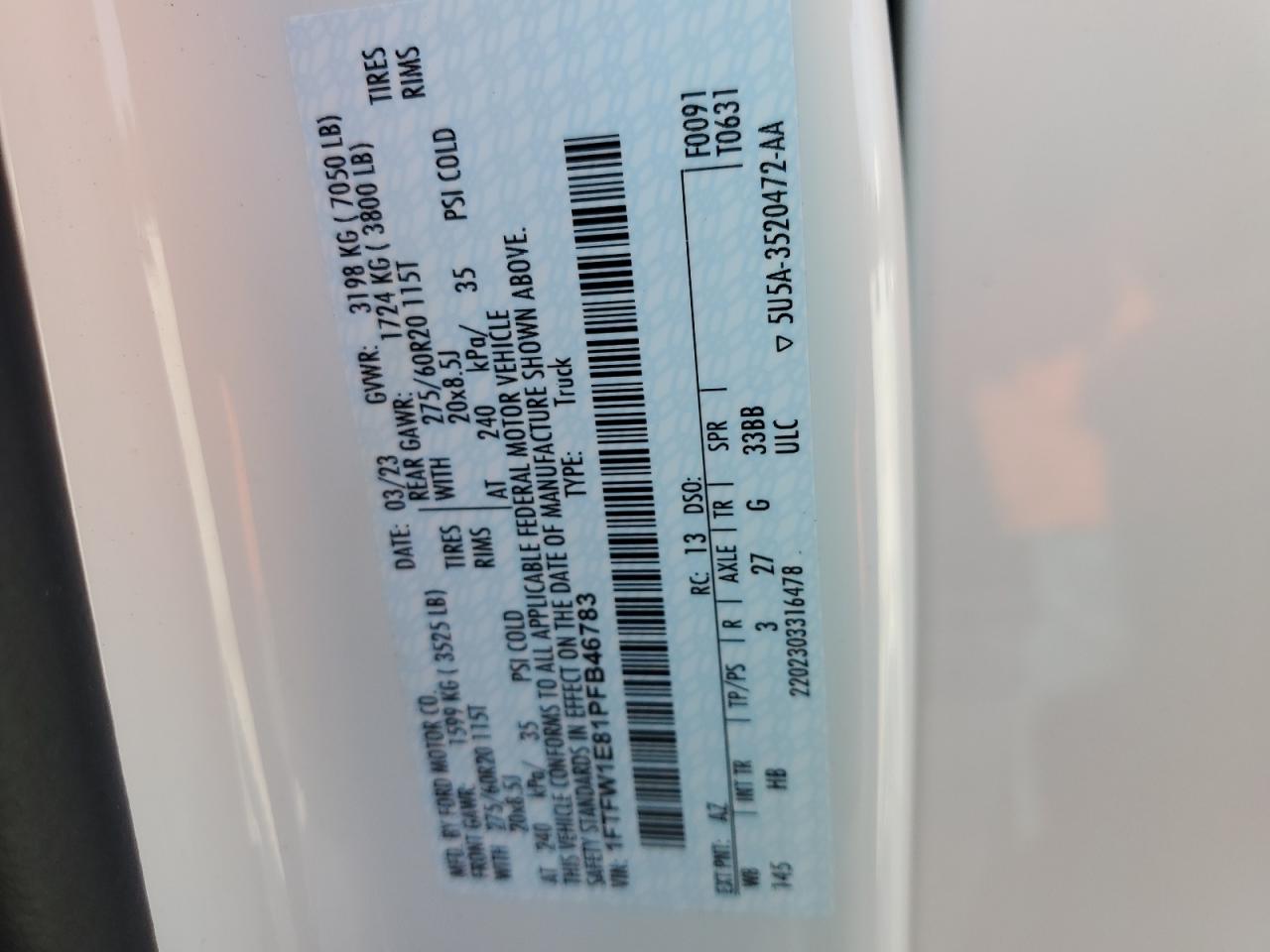 2023 Ford F150 Supercrew VIN: 1FTFW1E81PFB46783 Lot: 80891335