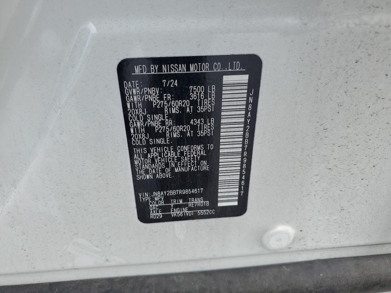 2024 Nissan Armada Sl VIN: JN8AY2BB7R9854617 Lot: 71960755