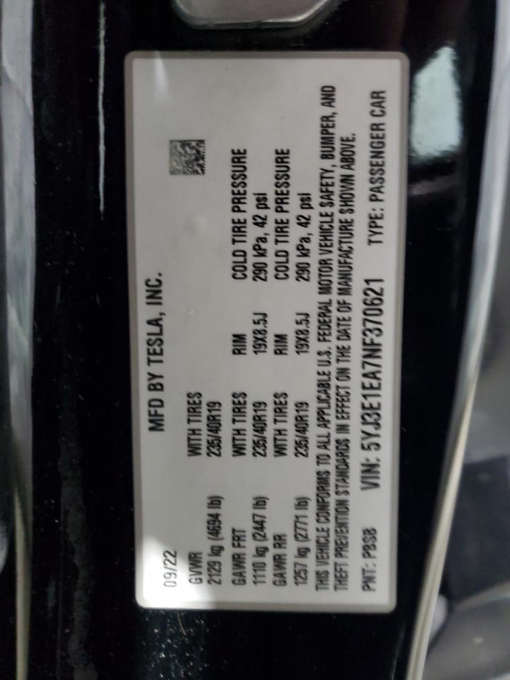 2022 Tesla Model 3 VIN: 5YJ3E1EA7NF370621 Lot: 84188545