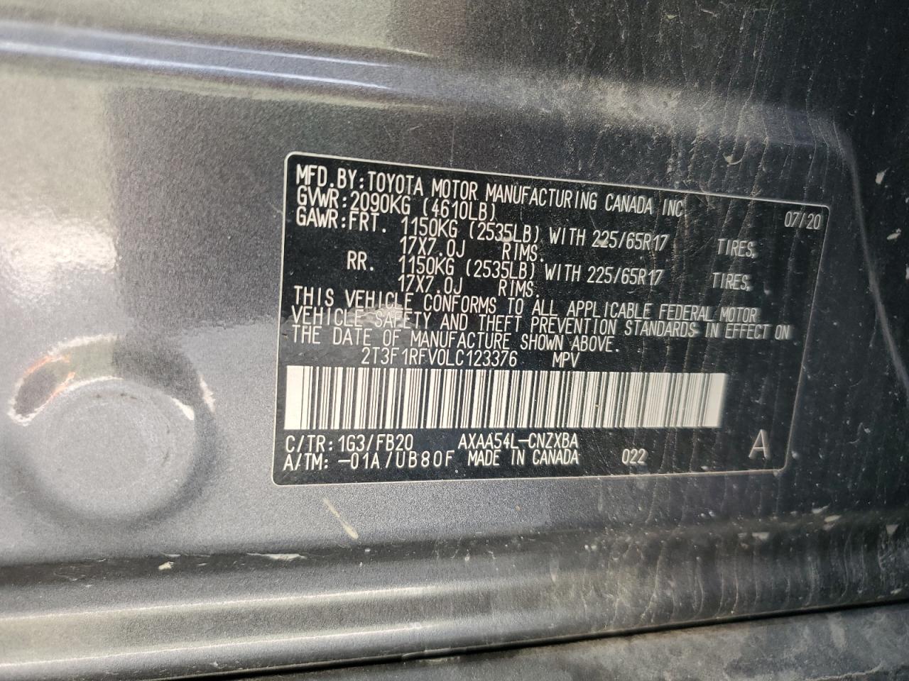 2020 Toyota Rav4 Le VIN: 2T3F1RFV0LC123376 Lot: 80465205