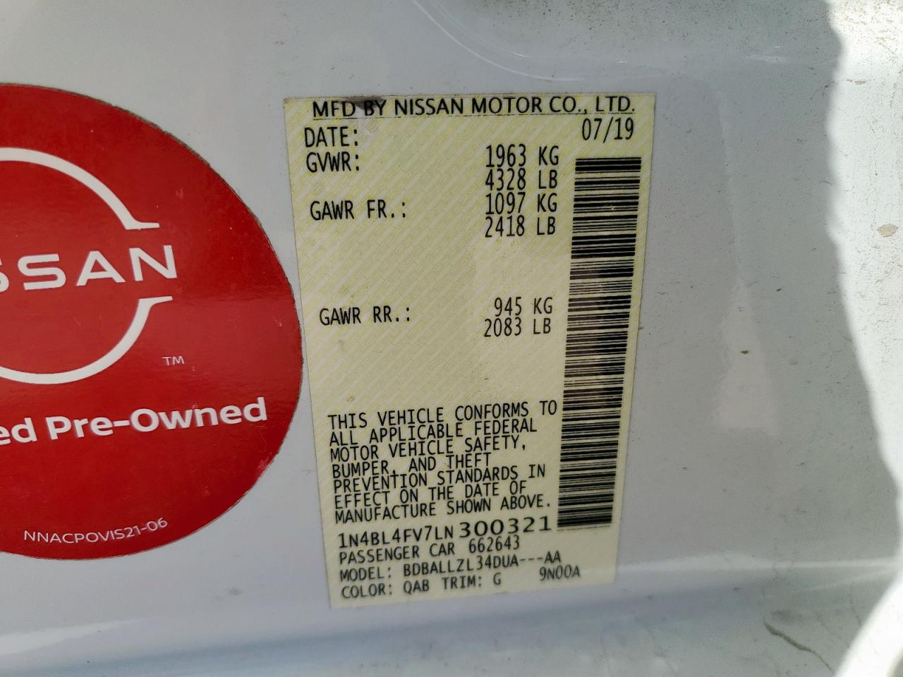 2020 Nissan Altima Platinum VIN: 1N4BL4FV7LN300321 Lot: 84285235