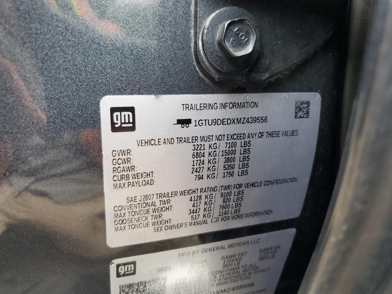 2021 GMC Sierra K1500 Slt VIN: 1GTU9DEDXMZ439556 Lot: 84536935