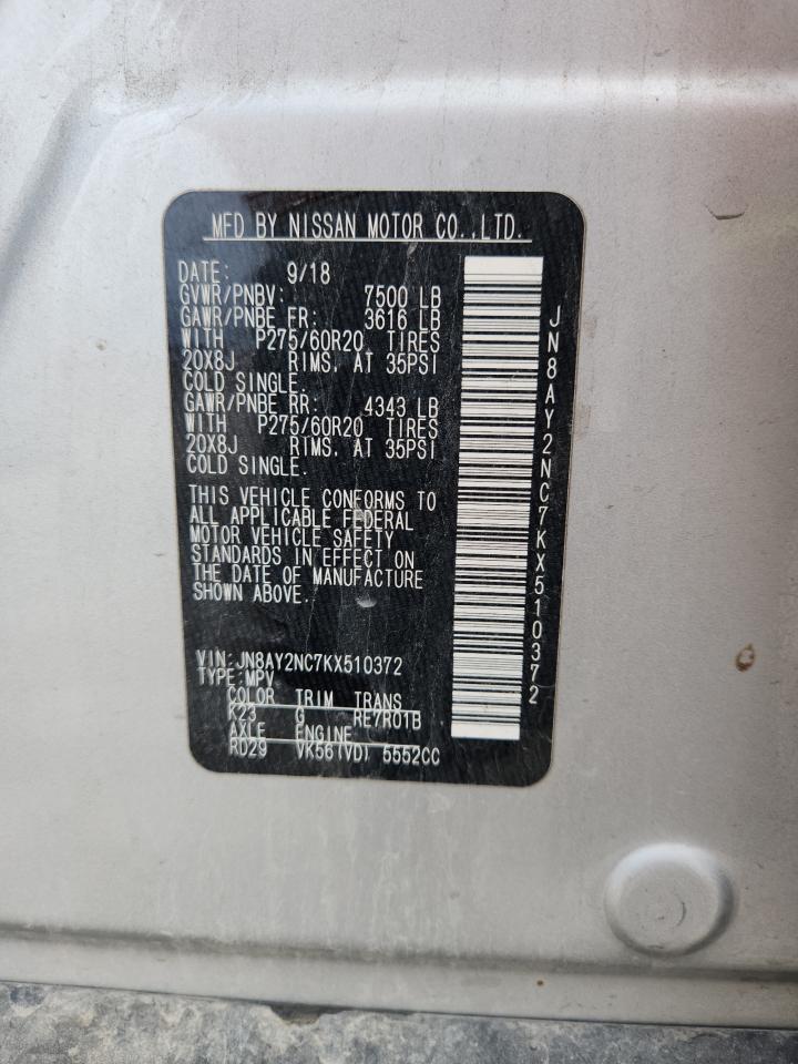 2019 Nissan Armada Sv VIN: JN8AY2NC7KX510372 Lot: 81142345