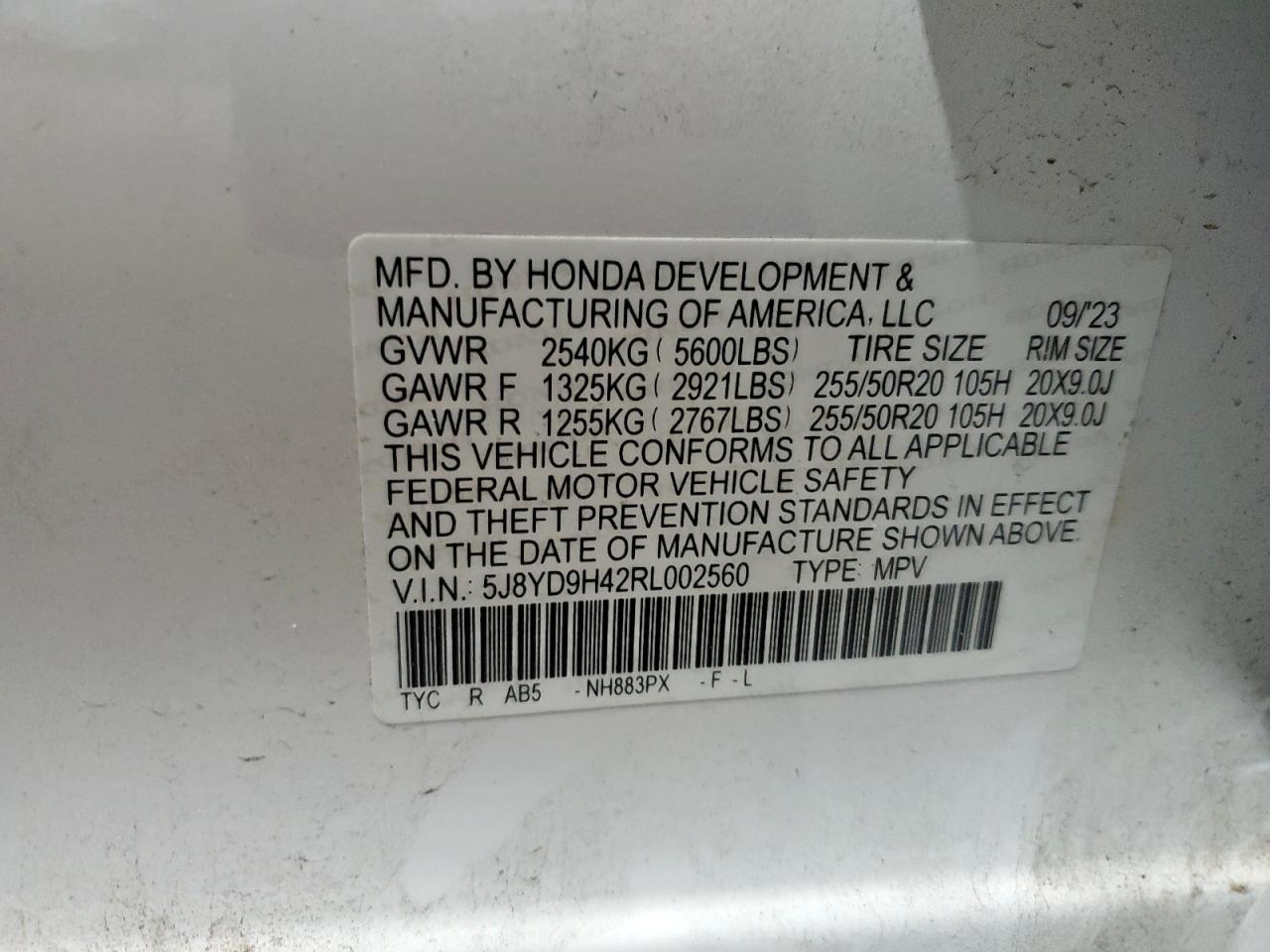 2024 Acura Mdx Technology VIN: 5J8YD9H42RL002560 Lot: 83859305