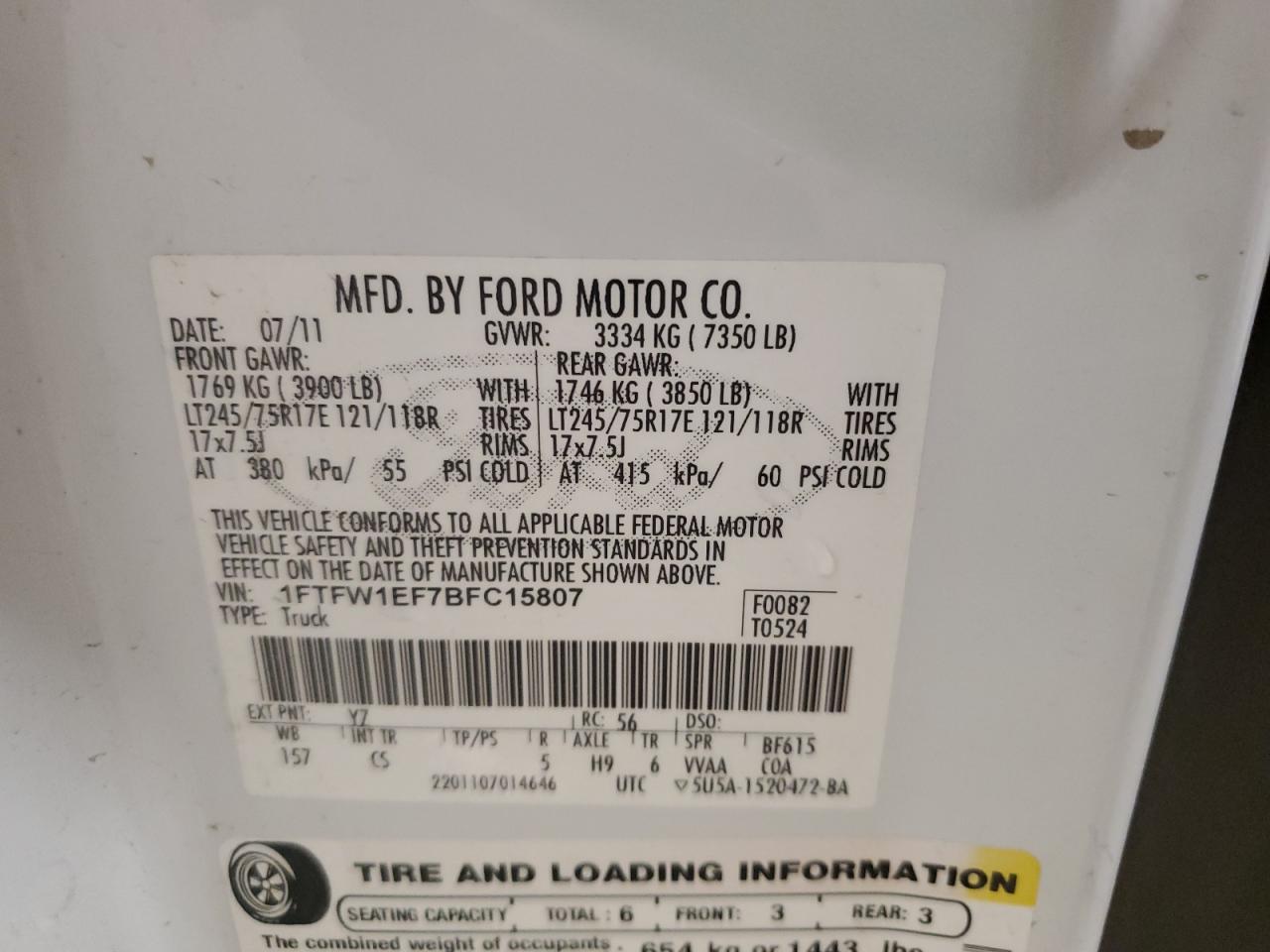 2011 Ford F150 Supercrew VIN: 1FTFW1EF7BFC15807 Lot: 84258935