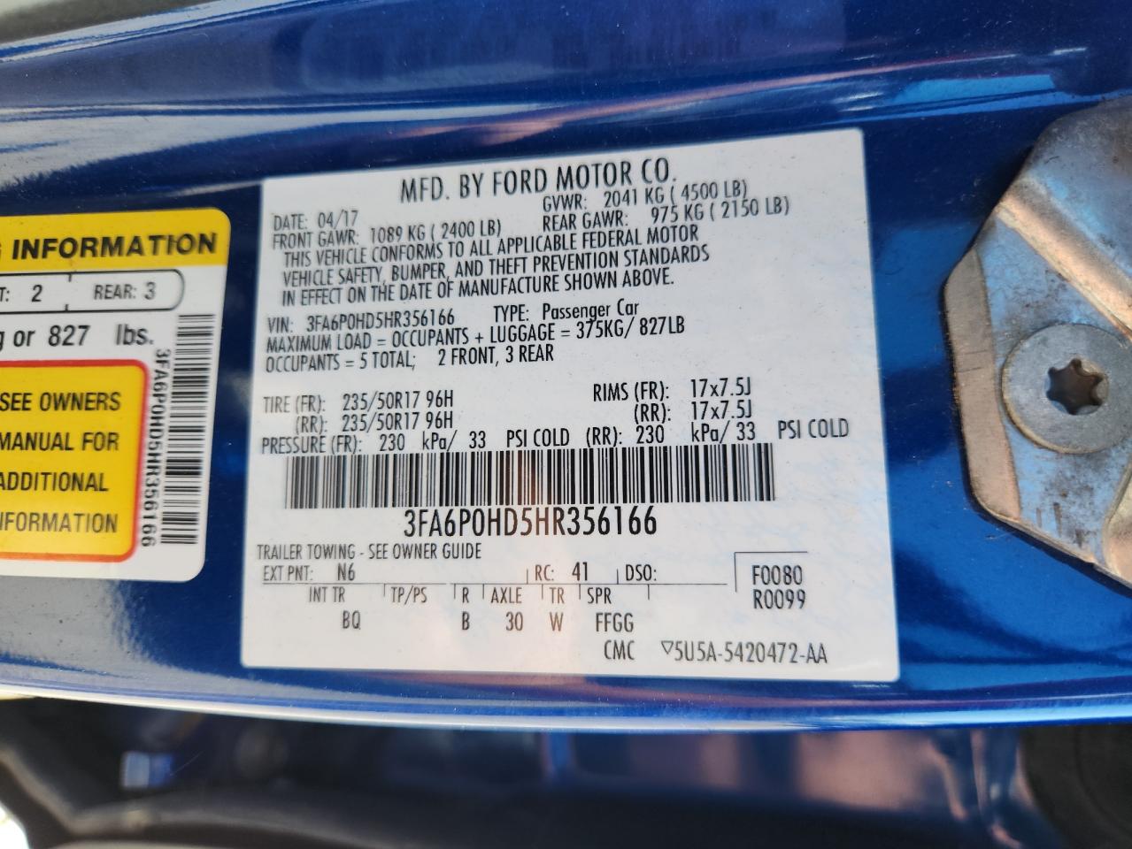 2017 Ford Fusion Se VIN: 3FA6P0HD5HR356166 Lot: 71235705