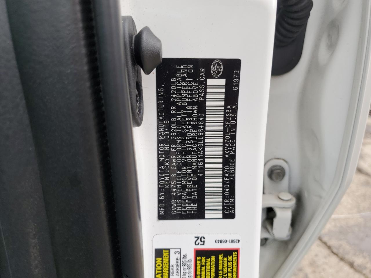 2020 Toyota Camry Se VIN: 4T1G11AK0LU864640 Lot: 80896295