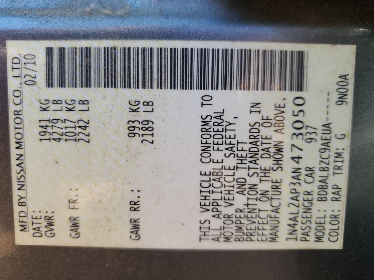 2010 Nissan Altima Base VIN: 1N4AL2AP3AN473050 Lot: 71226615