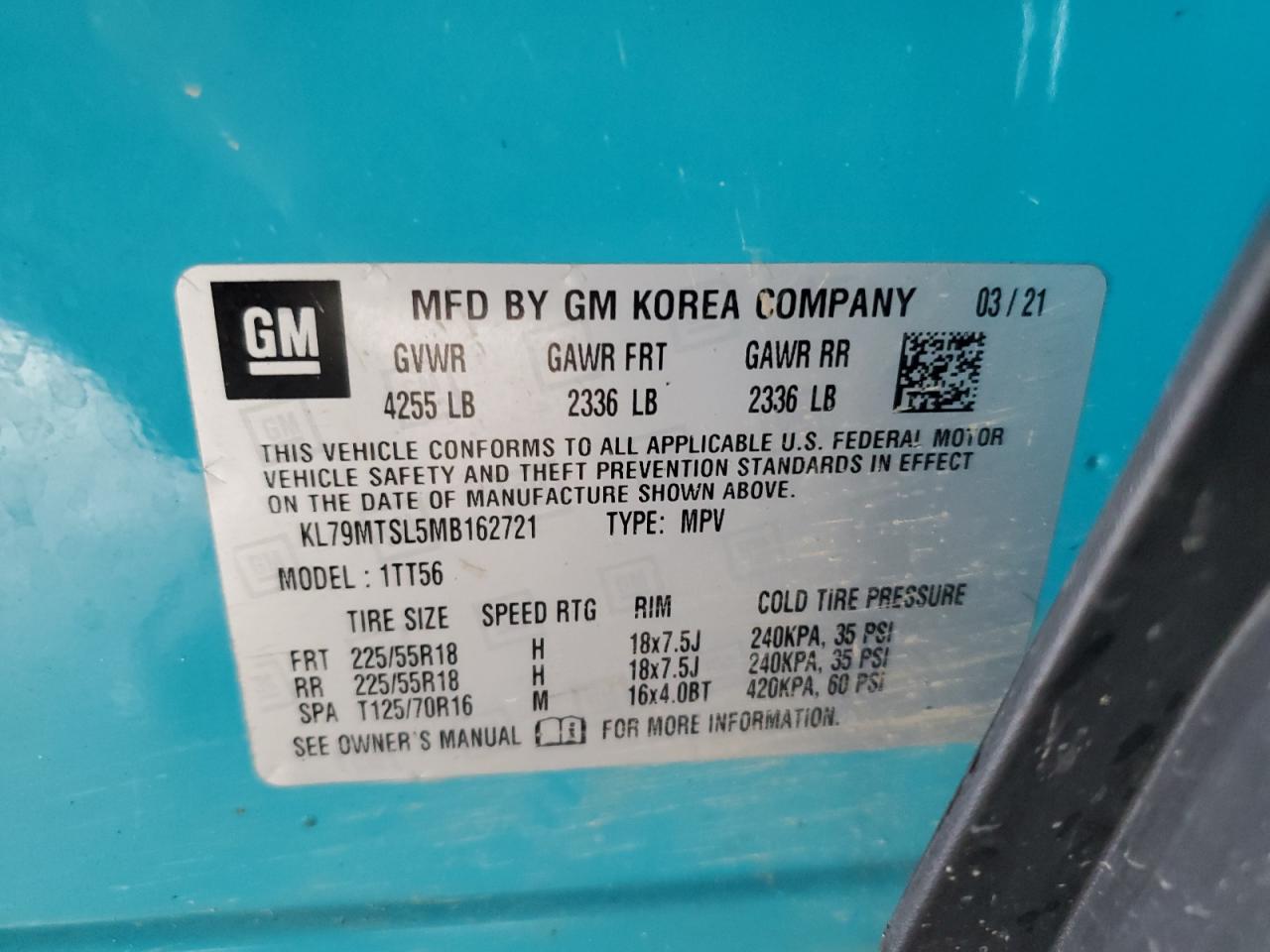 2021 Chevrolet Trailblazer Rs VIN: KL79MTSL5MB162721 Lot: 80012335