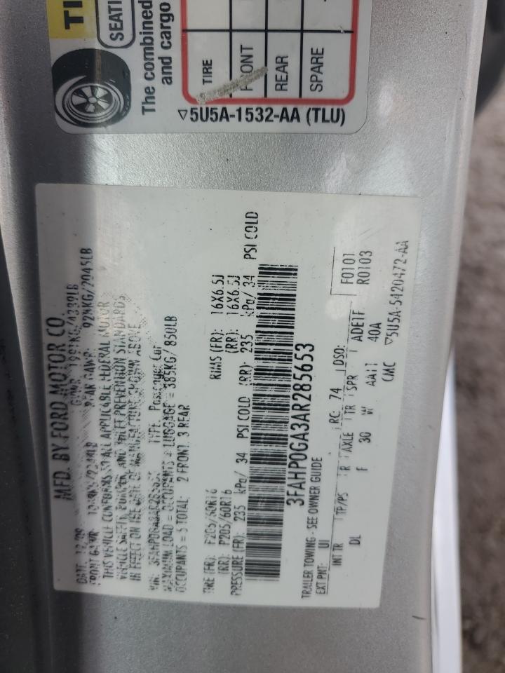 2010 Ford Fusion S VIN: 3FAHP0GA3AR285653 Lot: 80520005