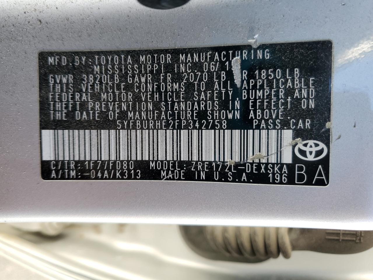 2015 Toyota Corolla L VIN: 5YFBURHE2FP342758 Lot: 84414285