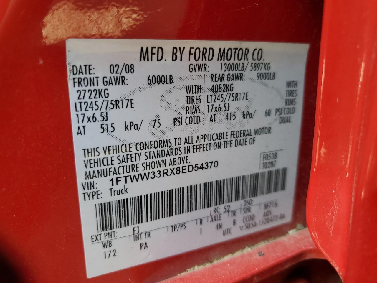 2008 Ford F350 Super Duty VIN: 1FTWW33RX8ED54370 Lot: 80782815