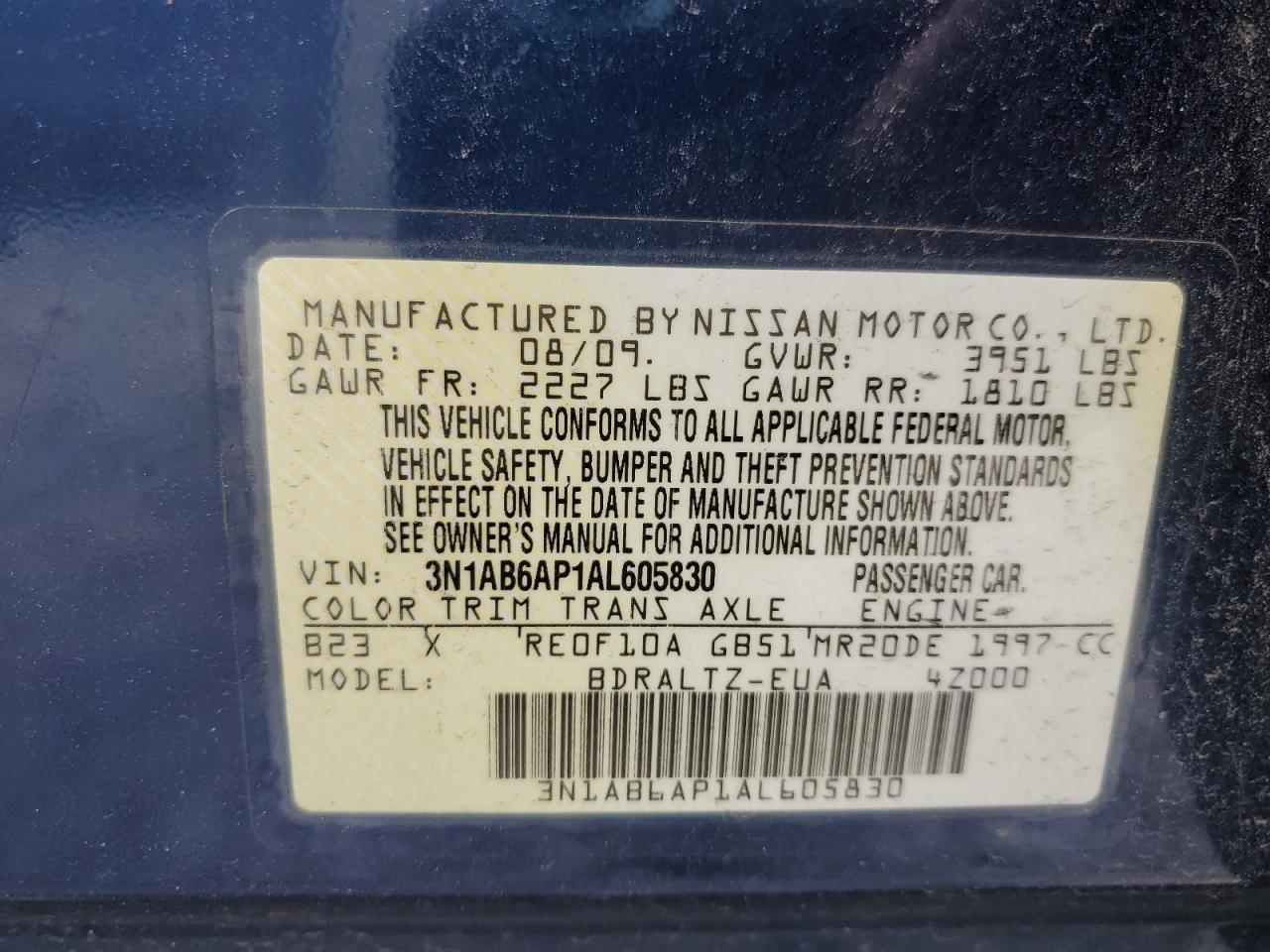 2010 Nissan Sentra 2.0 VIN: 3N1AB6AP1AL605830 Lot: 84240315