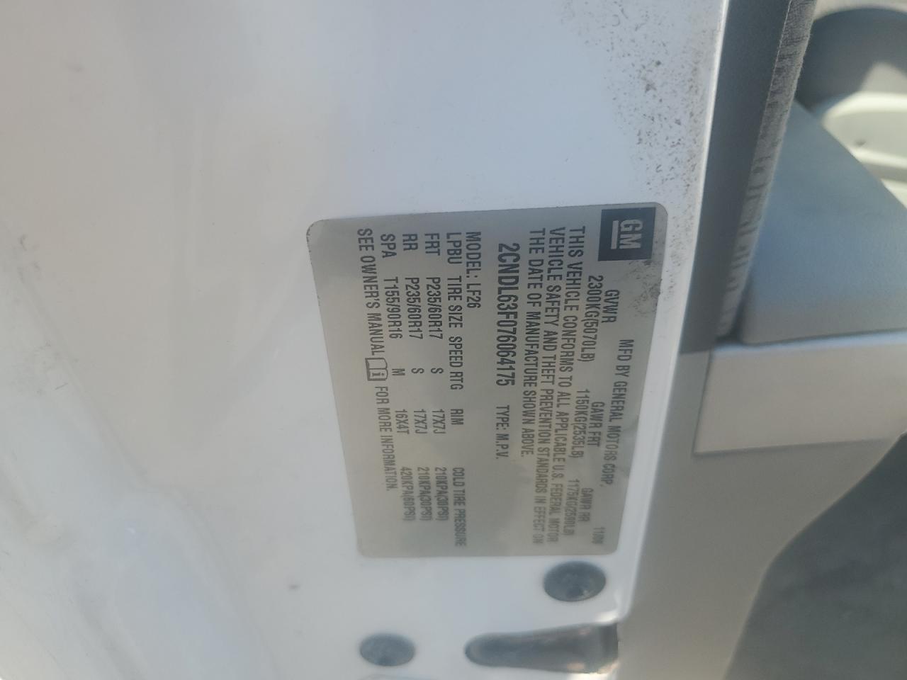 2007 Chevrolet Equinox Lt VIN: 2CNDL63F076064175 Lot: 80452305