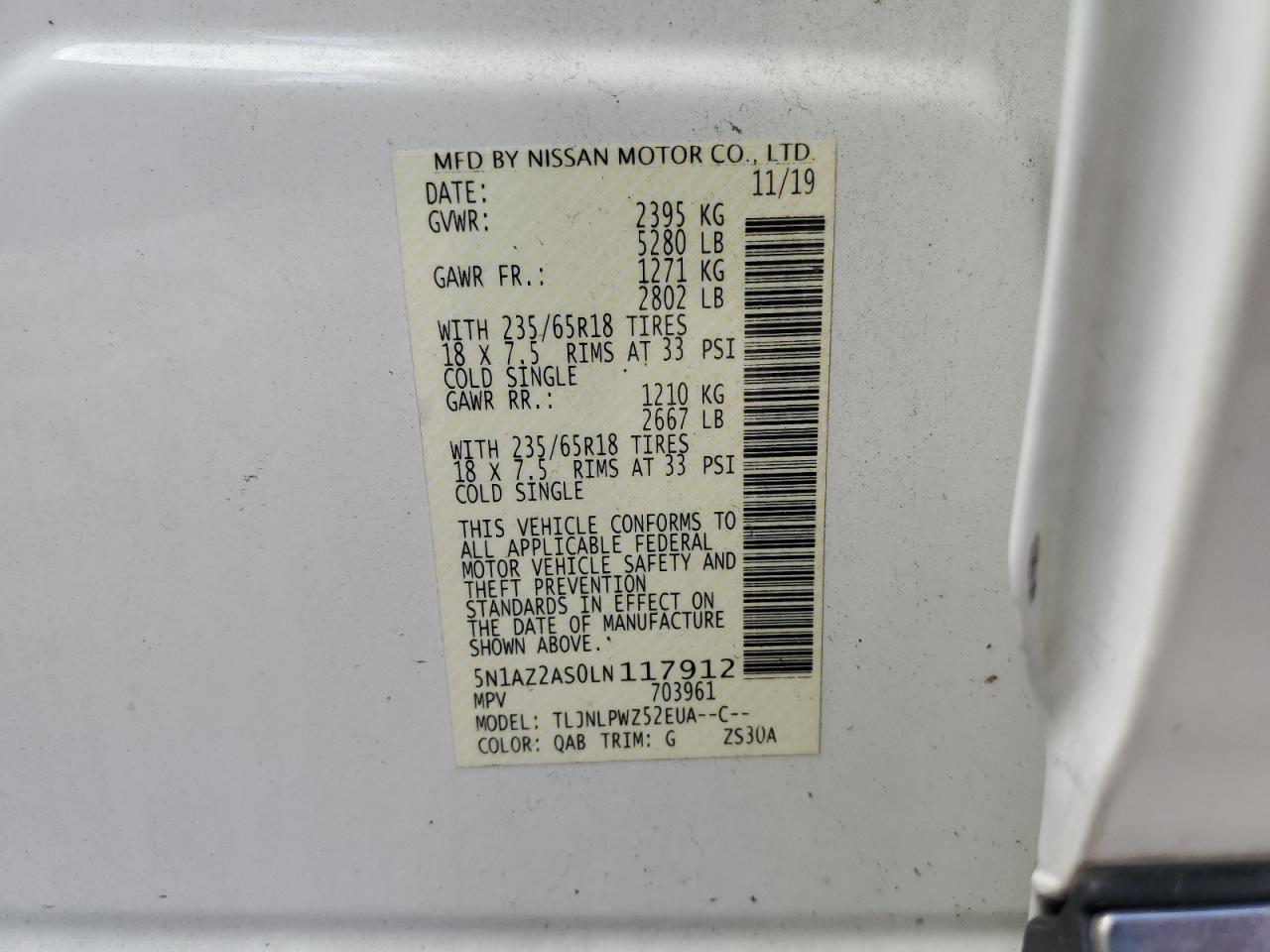 2020 Nissan Murano S VIN: 5N1AZ2AS0LN117912 Lot: 80611285