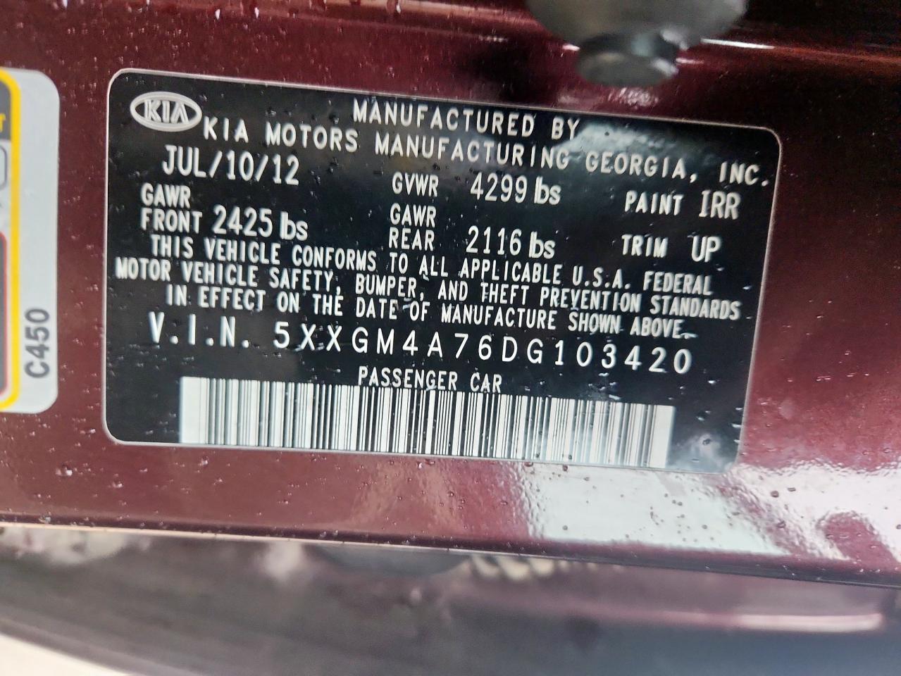 2013 Kia Optima Lx VIN: 5XXGM4A76DG103420 Lot: 82161445