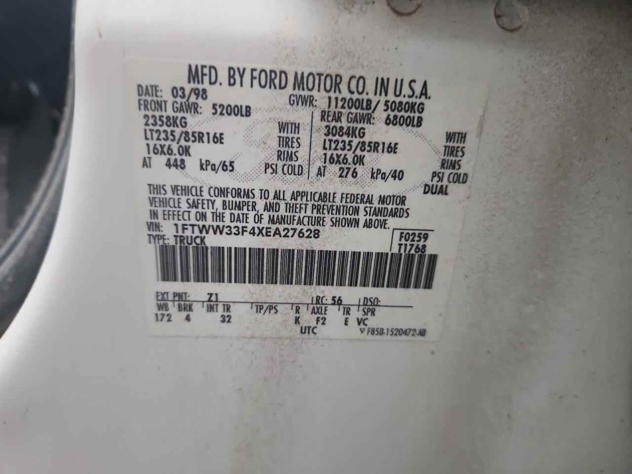 1999 Ford F350 Super Duty VIN: 1FTWW33F4XEA27628 Lot: 71500775