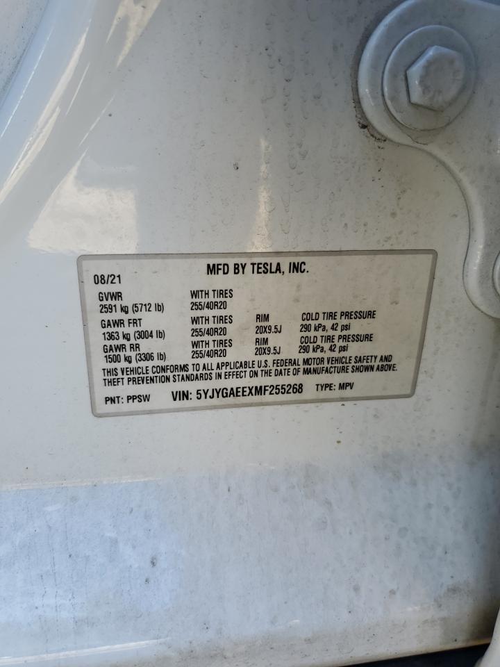 2021 Tesla Model Y VIN: 5YJYGAEEXMF255268 Lot: 72024495