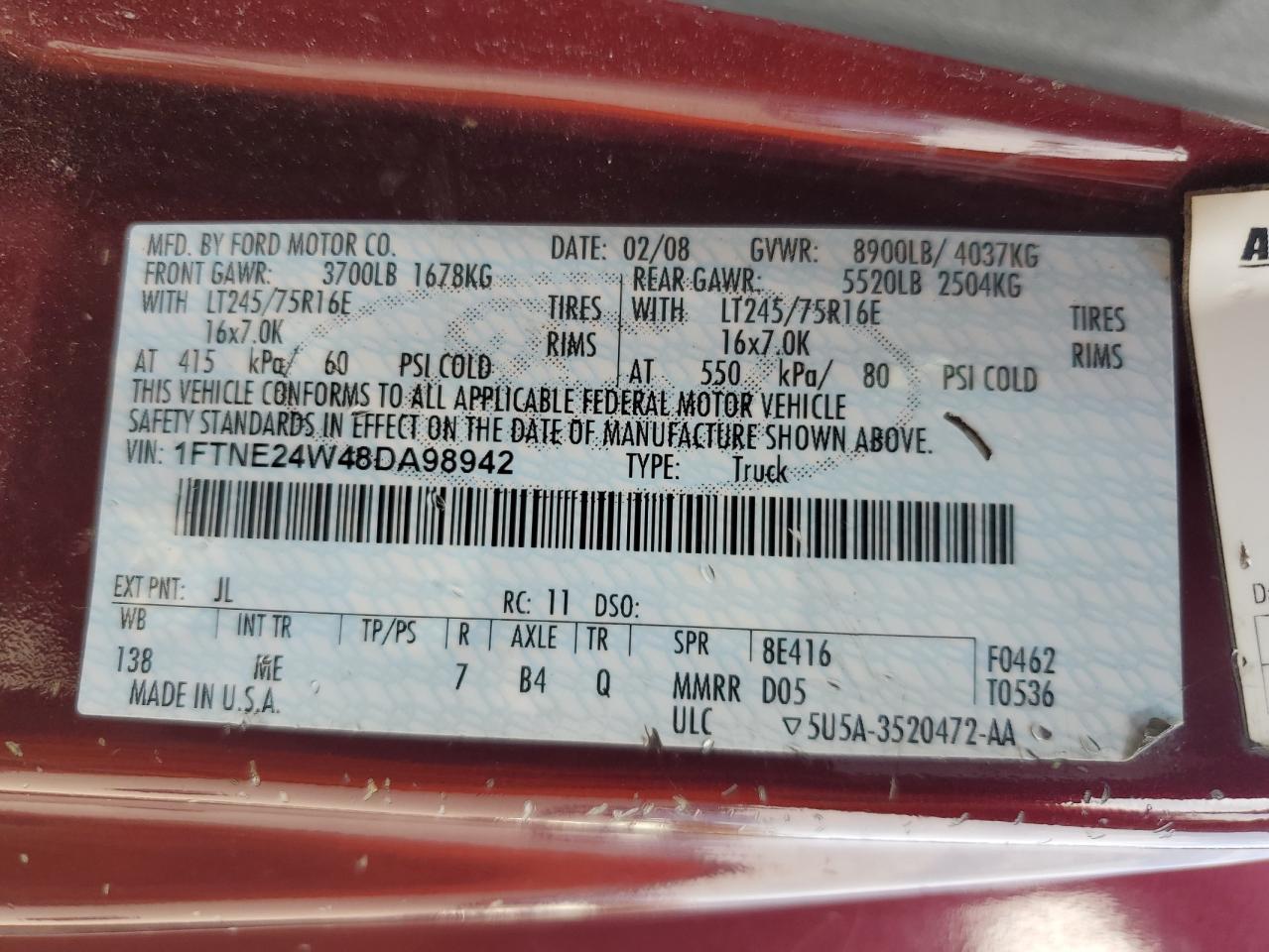 2008 Ford Econoline E250 Van VIN: 1FTNE24W48DA98942 Lot: 80764345