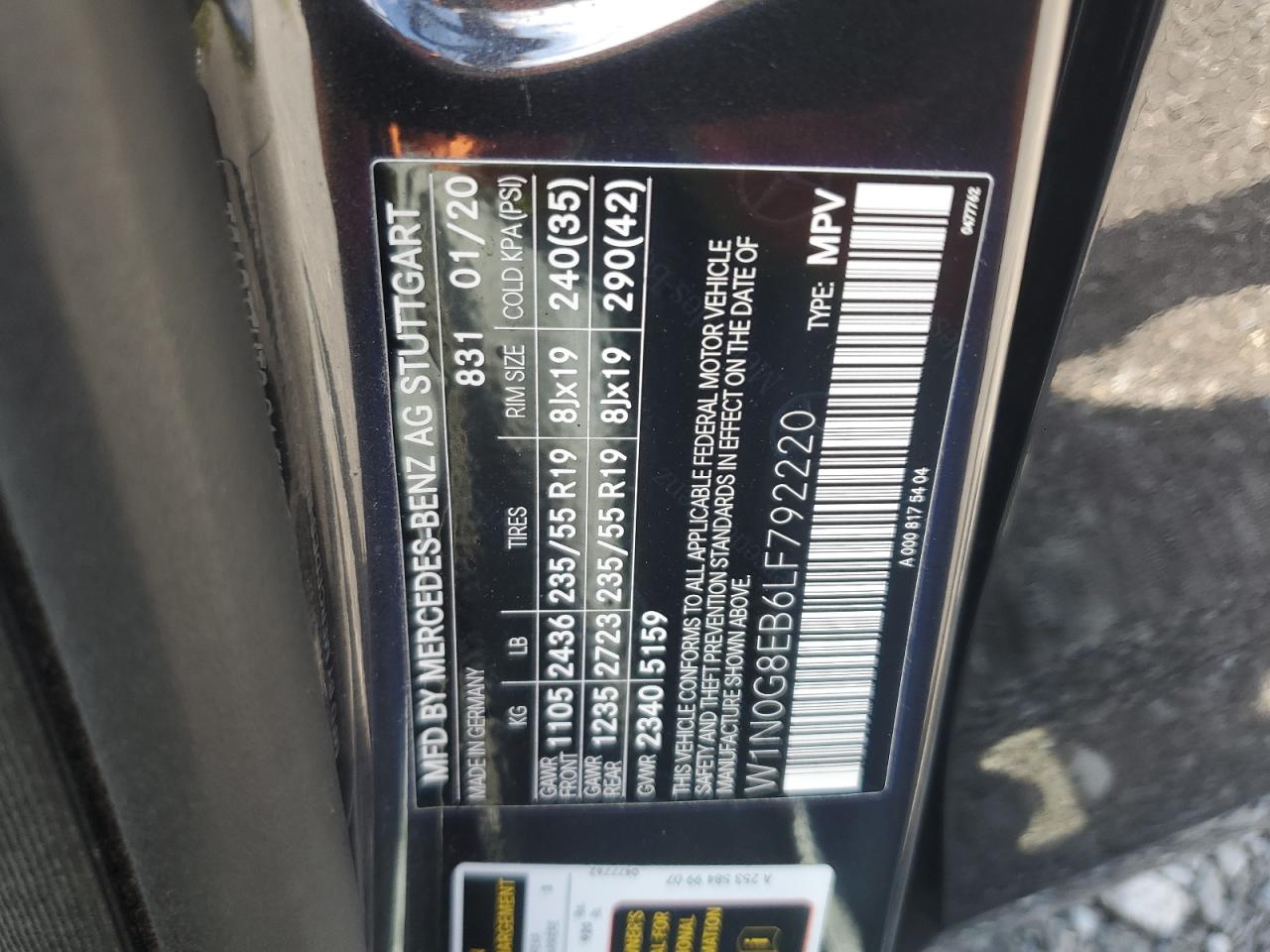 2020 Mercedes-Benz Glc 300 4Matic VIN: W1N0G8EB6LF792220 Lot: 71504435