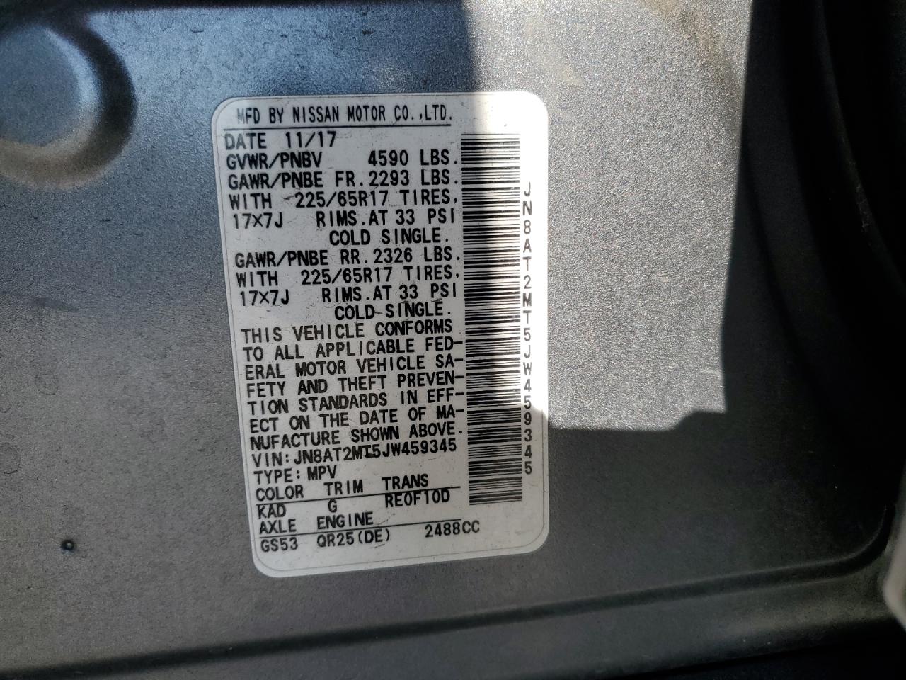 2018 Nissan Rogue S VIN: JN8AT2MT5JW459345 Lot: 81119845