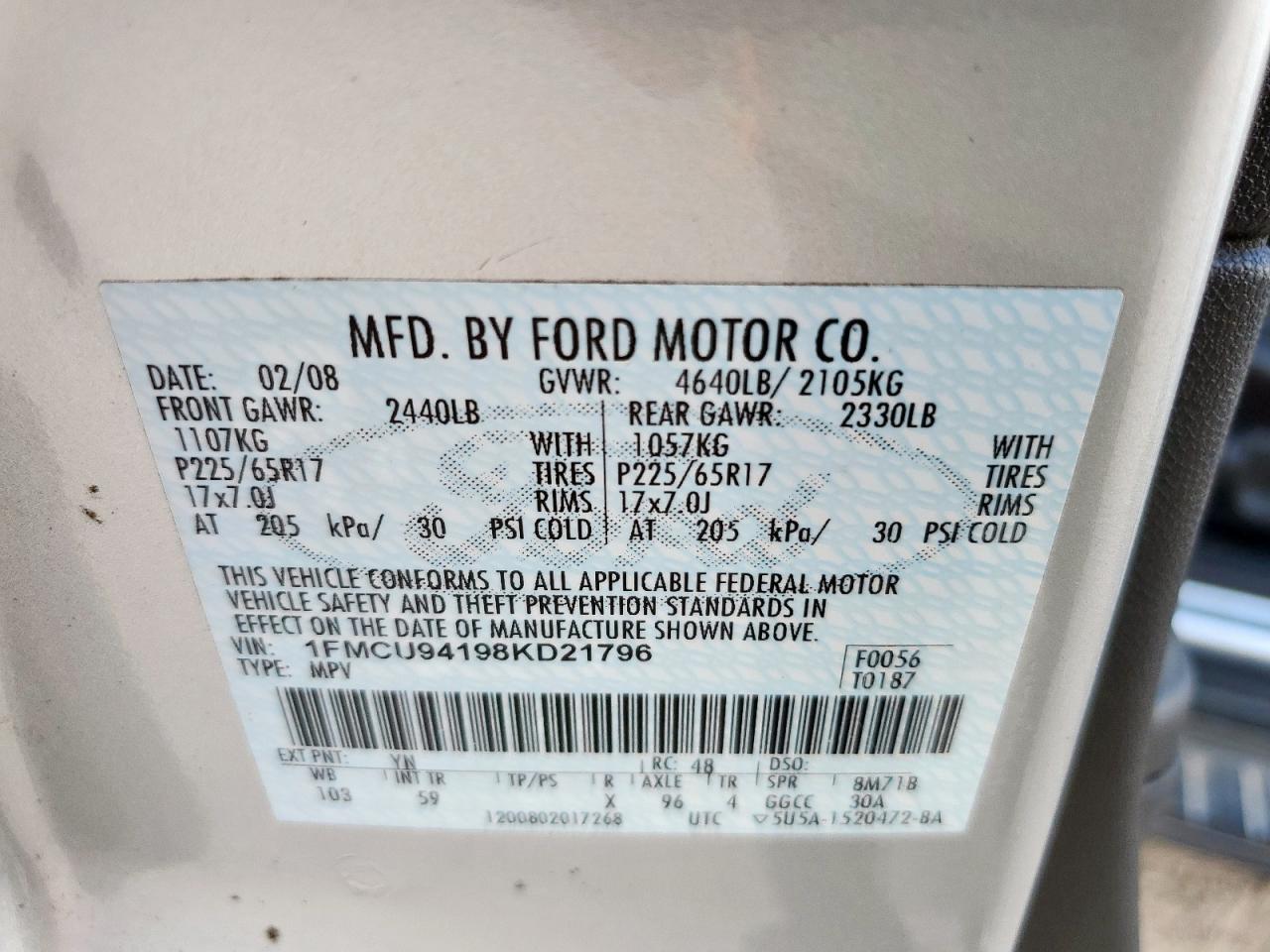 2008 Ford Escape Limited VIN: 1FMCU94198KD21796 Lot: 80741915