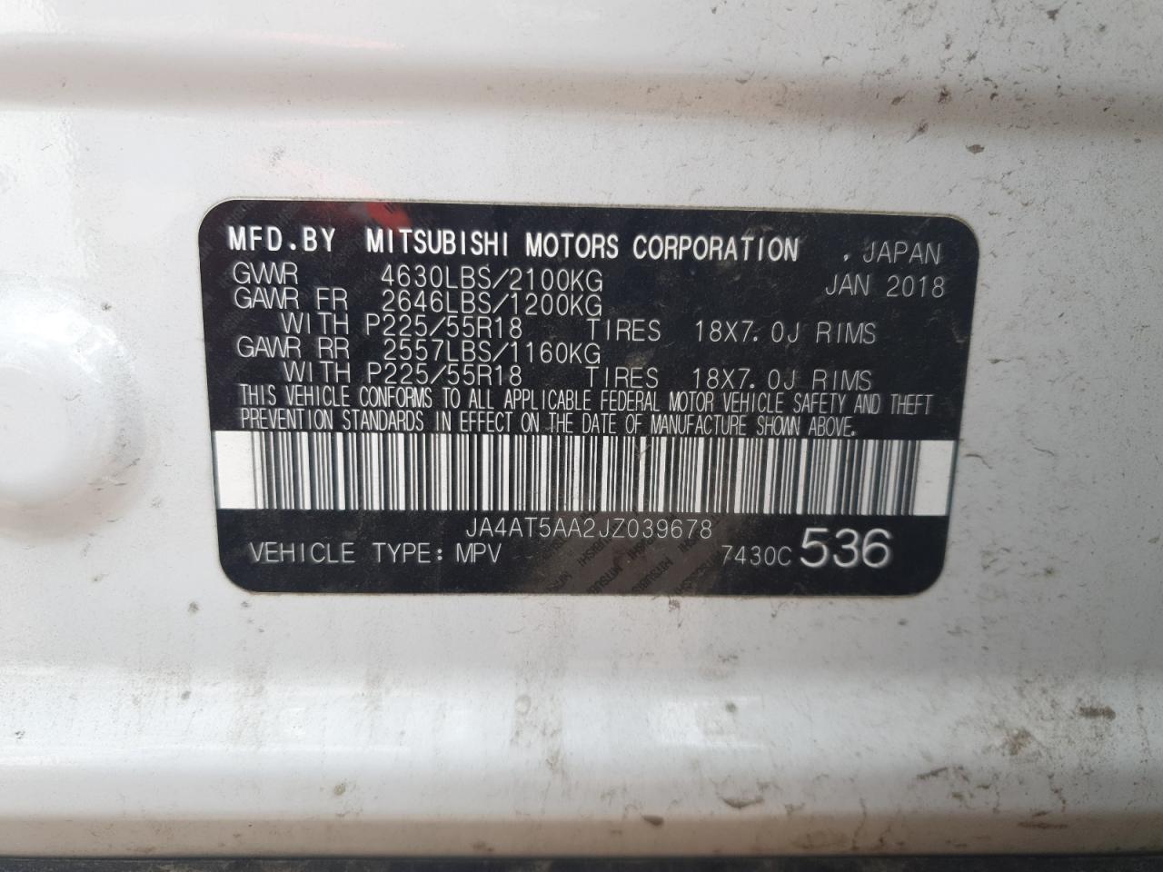 2018 Mitsubishi Eclipse Cross Se VIN: JA4AT5AA2JZ039678 Lot: 84439295