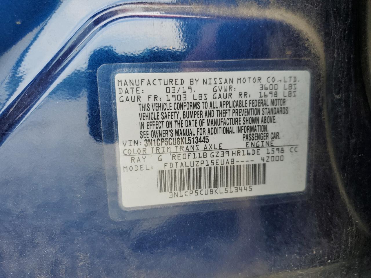 2019 Nissan Kicks S VIN: 3N1CP5CU8KL513445 Lot: 80723555