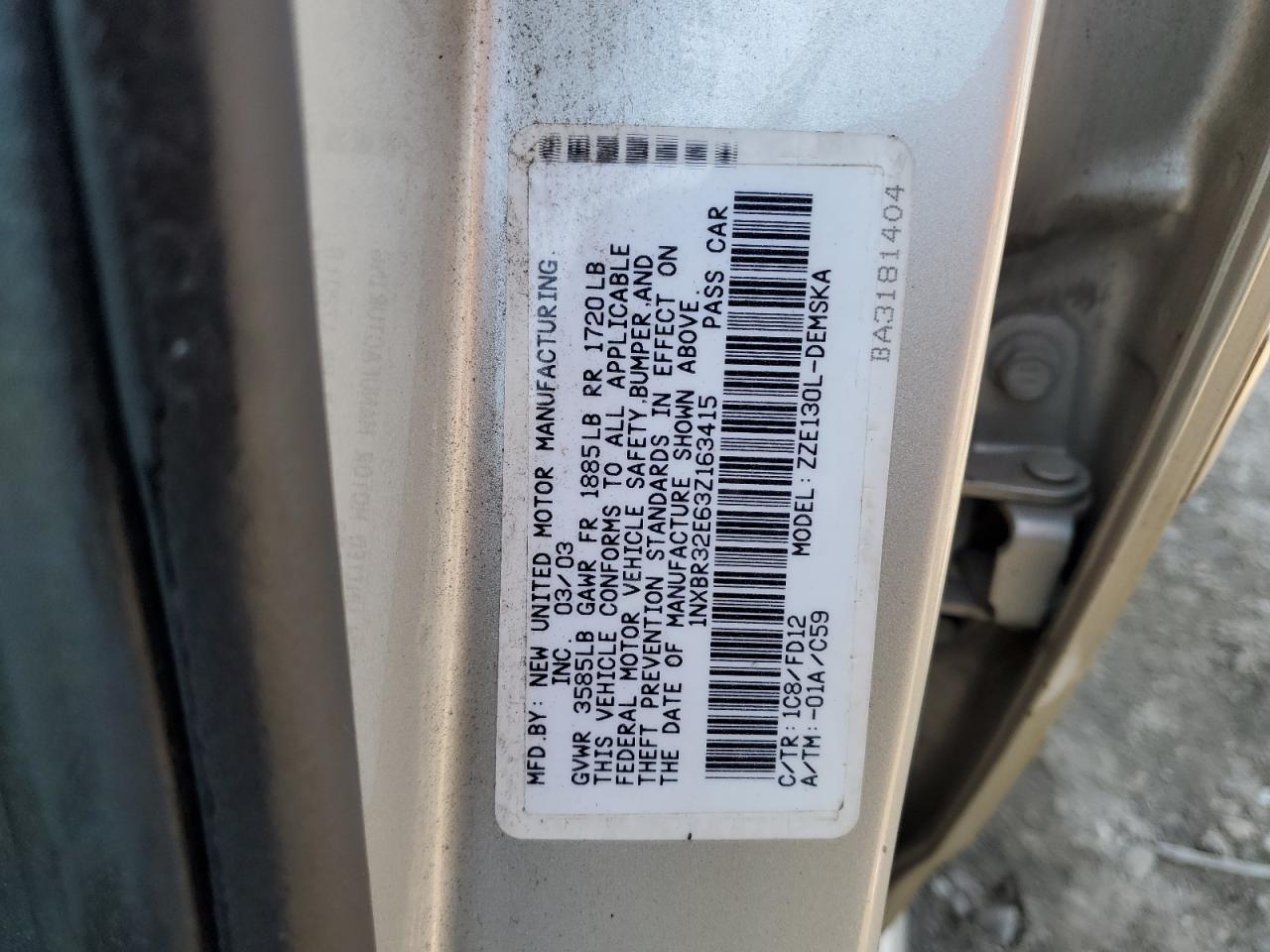 2003 Toyota Corolla Ce VIN: 1NXBR32E63Z163415 Lot: 81576545