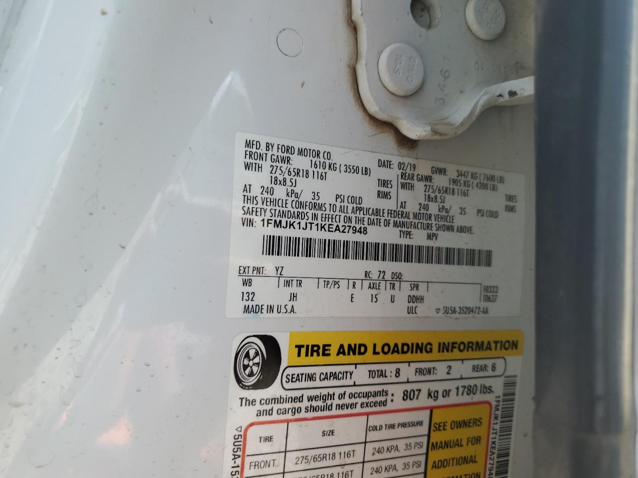 2019 Ford Expedition Max Xlt VIN: 1FMJK1JT1KEA27948 Lot: 80070205