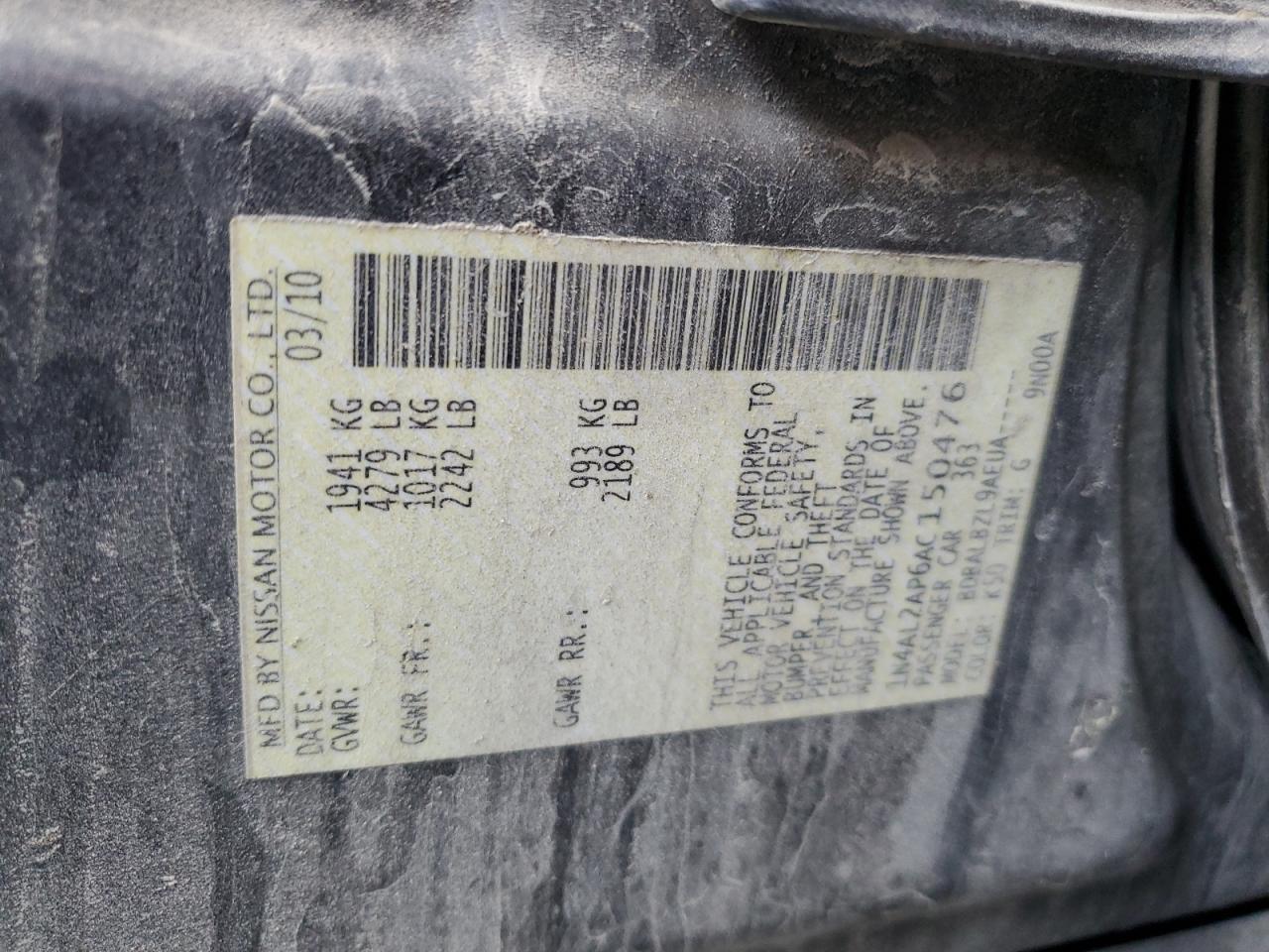 2010 Nissan Altima Base VIN: 1N4AL2AP6AC150476 Lot: 81823635